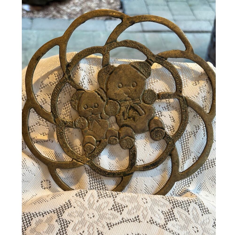 Vintage Teddy Bear Brass Trivet MCM Taiwan Decorative Piece Baby's room 8"